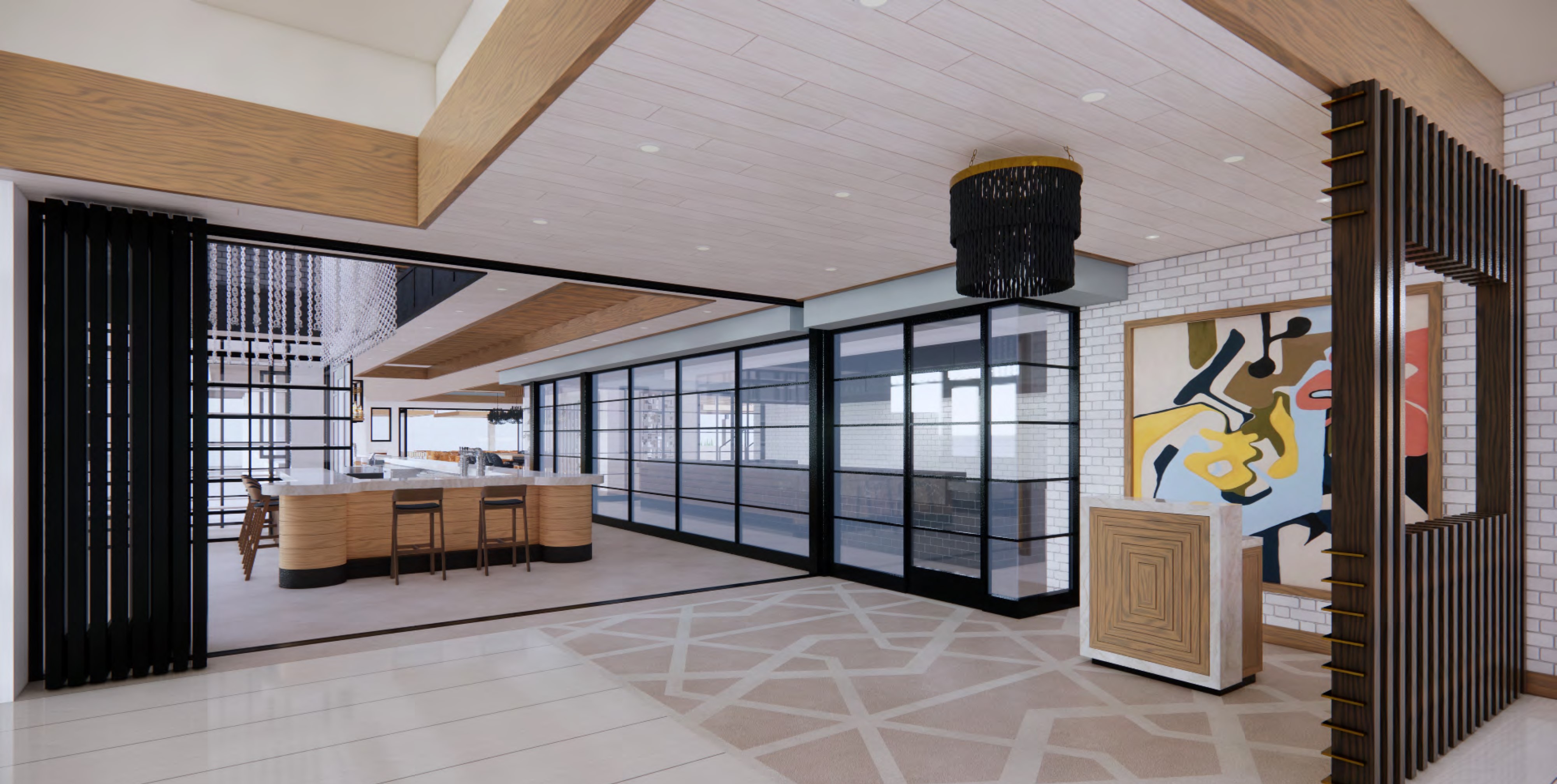 Modern office lobby interior featuring a wooden reception desk, geometric floor design, large abstract wall art, and glass partition walls with an open-air patio.