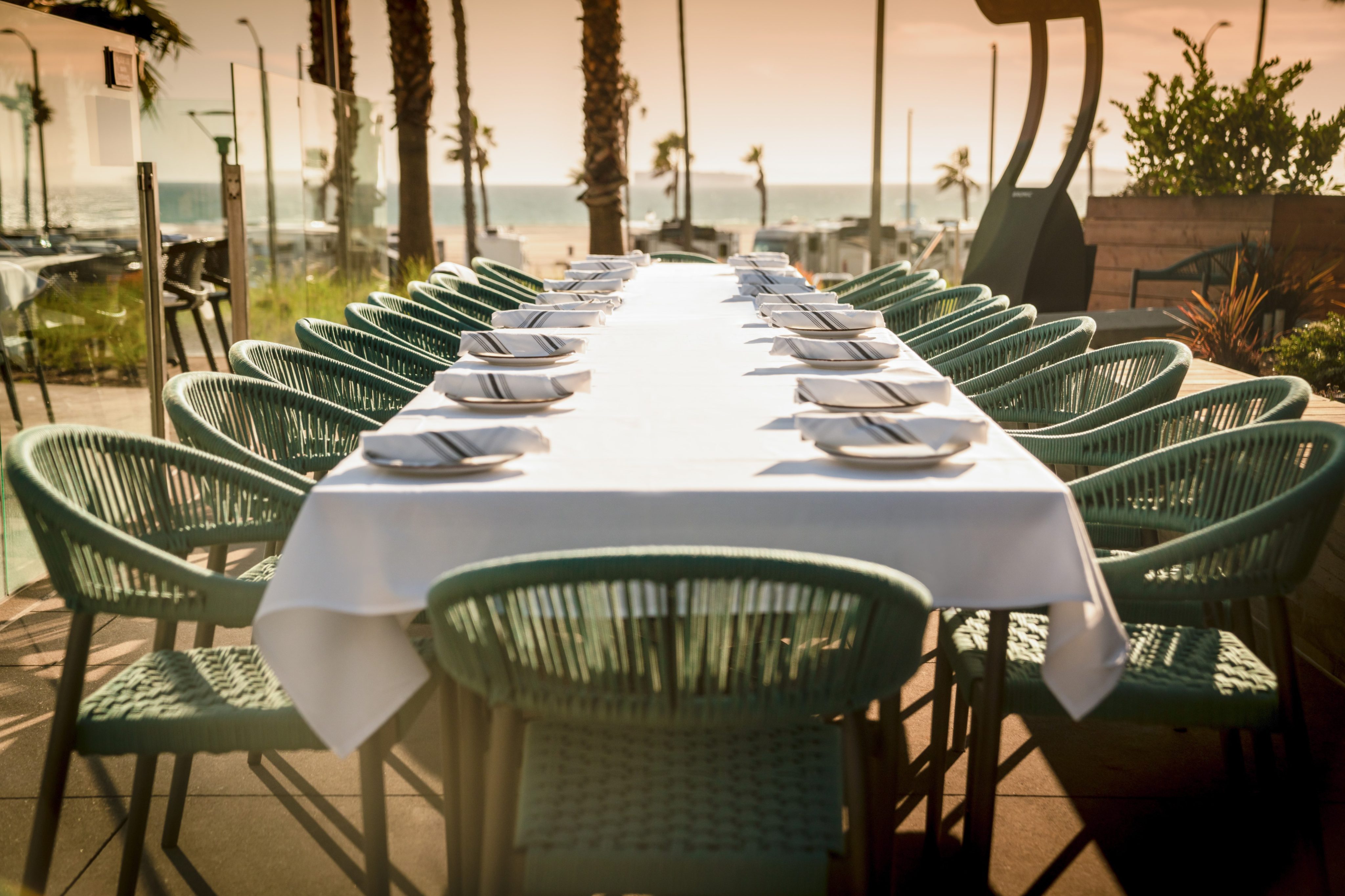 A long dining table set for a meal, with green chairs, plates, and napkins, located on an open-air patio with the ocean and palm trees in the background.